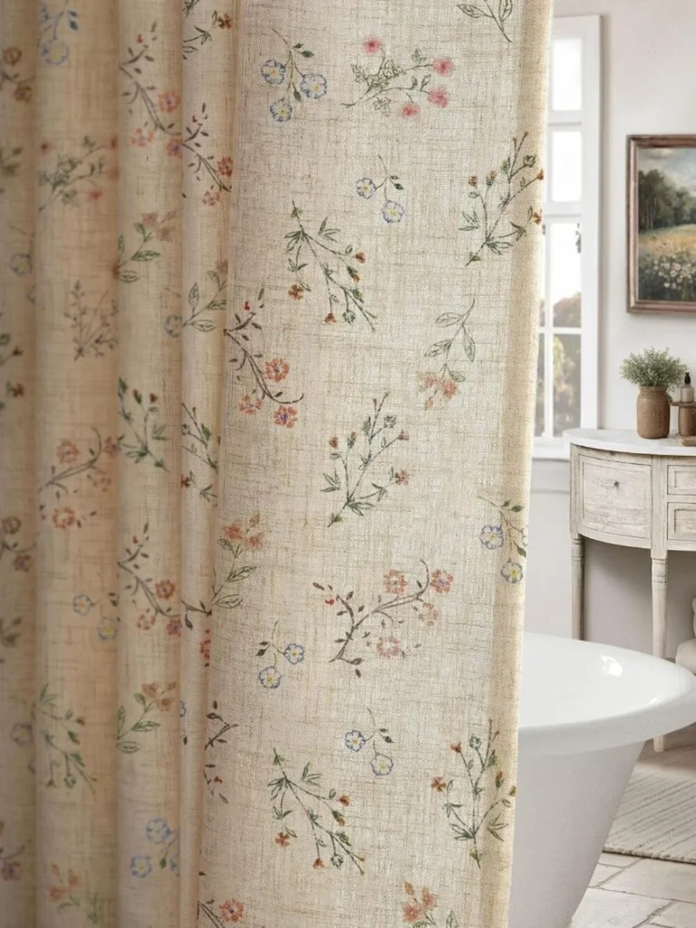 Vintage Floral Linen Shower Curtain - French Country Farmhouse Decor 72